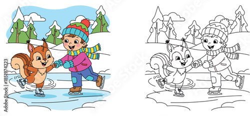 Cute cartoon boy and squirrel friend ice skating together on frozen lake. Happy child and animal character holding hands in winter forest vector illustration for kids design.