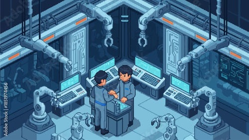 Isometric pixel art depicts a futuristic laboratory with robotic arms and scientists working on advanced technology