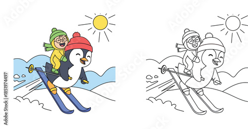 Cute cartoon penguin skiing with happy little child riding on back. Funny animal character and kid enjoying winter sport race on sunny day vector illustration.