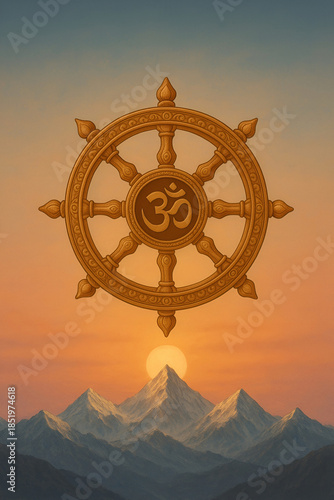 Golden Om Dharma Wheel Floating Above Himalayan Peaks.