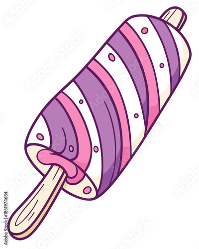 A cartoon illustration of a melting pink and purple striped popsicle on a stick, with drips running down the side.