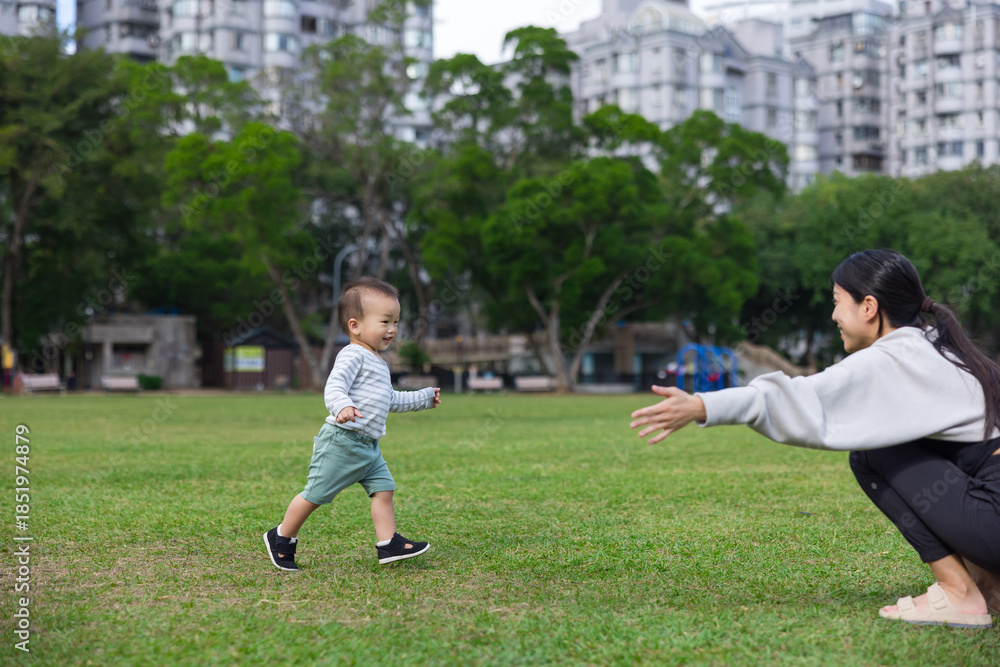 Fototapeta premium Mother opening arms waiting baby hug at park