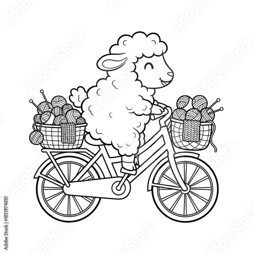 The sheep is riding a bicycle and carrying fruit in a basket