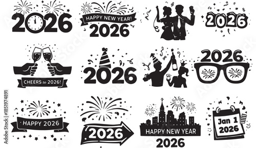 New Year's Celebration 2026 Silhouettes Illustrations with Festive Elements and Decorations