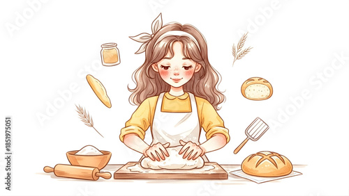Delightful Illustration of a Young Woman Expertly Kneading Dough to Bake Fresh Bread, Capturing the Joy of Homemade Culinary Creations in a Warm and Inviting Kitchen Atmosphere