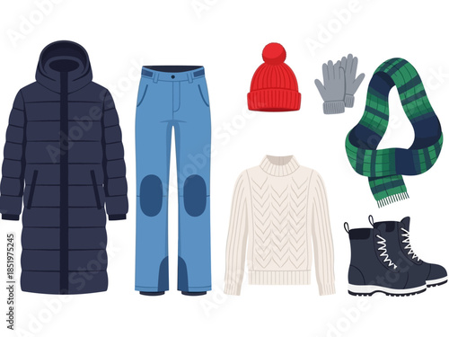 Winter Clothing Set Cozy Jacket, Snow Pants, Sweater, Hat, Gloves, Scarf, and Boots for Cold Weather Adventures