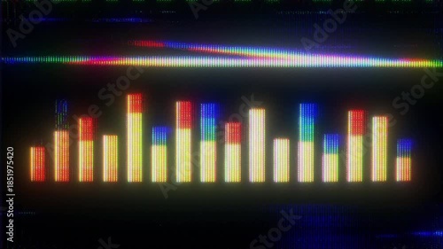 4K Digital Audio Equalizer Glitch Animation with Color Bar Levels Signal Distortion Pixel Noise and Screen Interference as Reusable Interface Overlay Layer for UI HUD Audio Monitoring Systems