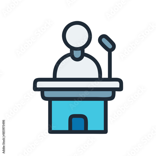 Speaker at podium with microphone, public speaking icon