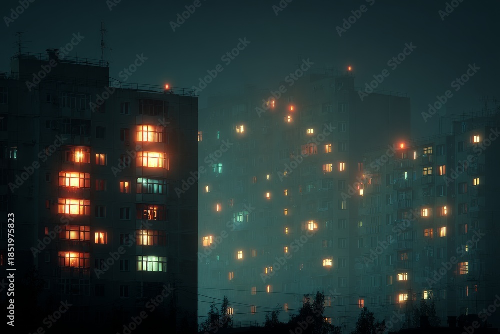 Fototapeta premium Urban residential buildings with illuminated windows appearing mysterious and lonely in thick fog