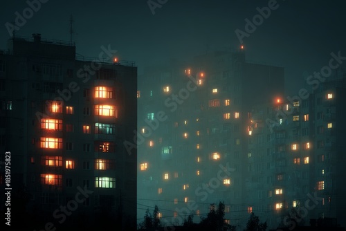 Urban residential buildings with illuminated windows appearing mysterious and lonely in thick fog