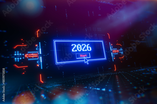 New 2026 year popup window on digital lcd display with reflection. Concept of new year, annual plan, growth strategy, business planning, investment trends and strategy road map.