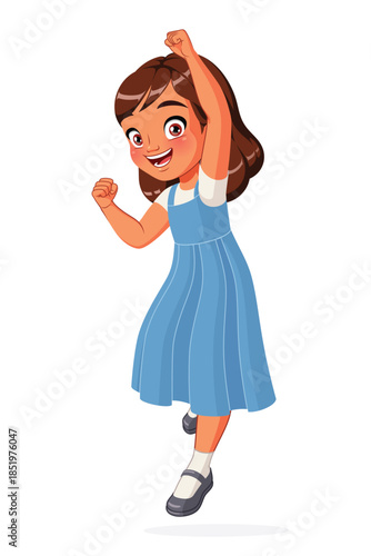 Indian schoolgirl jumping with one hand in the air. Cartoon vector illustration.