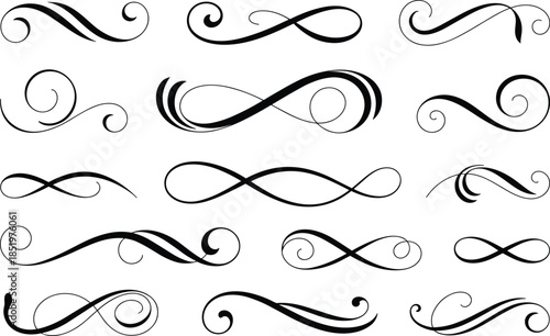 Elegant swirl ornament collection decorative flourish curves vintage calligraphy elements for design print branding cad drawing flat vector illustration