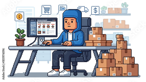 Illustration of a person working at a computer surrounded by packages, depicting e-commerce and online business operations