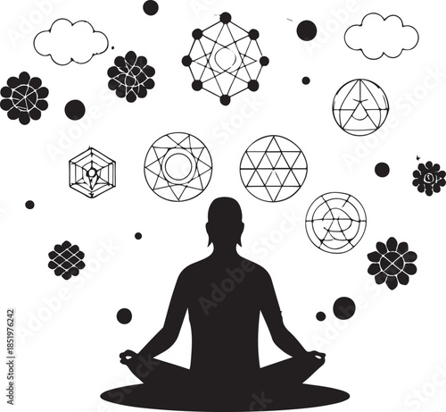 Silhouette of Person Meditating Surrounded by Geometric Shapes and Clouds Keywords: meditation, silhouette, person, yoga, zen, mindfulness, spiritual, geometric shapes, sacred geometry, clouds