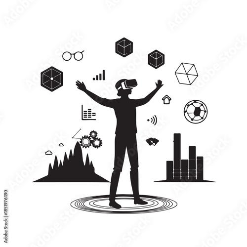 Silhouette of person wearing V R headset surrounded by icons representing technology and data virtual reality
