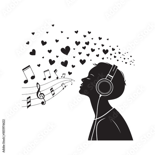Silhouette of person wearing headphones with musical notes and hearts emanating listening 1