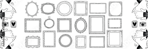 Hand drawn decorative picture frame set with vintage borders, doodle style elements, scrapbook design collection, cad drawing flat vector illustration