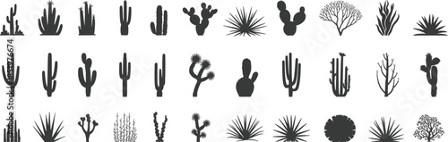 Desert cactus silhouette icon set, arid landscape plants collection, botanical shapes, minimal black nature design, cad drawing flat vector illustration