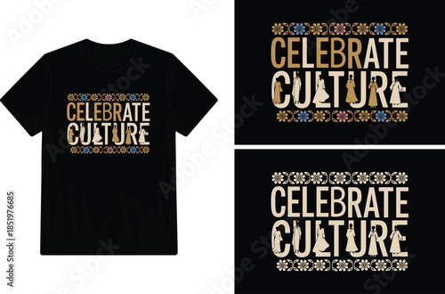 Black t shirt design with golden celebrate culture typography and decorative elements