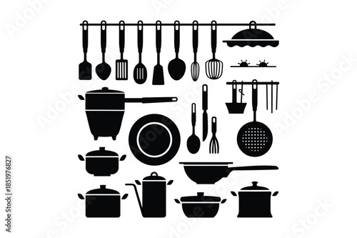 Kitchenware Cooking Utensils and Cookware Silhouette Icon Set