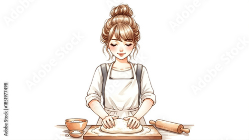 Charming illustration of a young woman joyfully kneading dough with a warm smile, preparing homemade bread with love and care for a delicious result