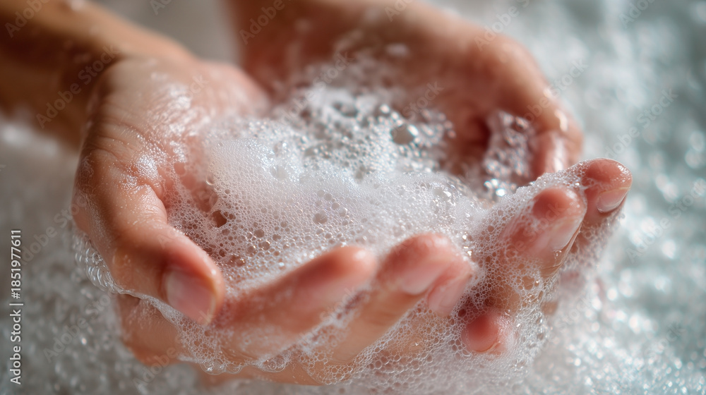 Fototapeta premium A person's hands are in a bathtub filled with bubbles