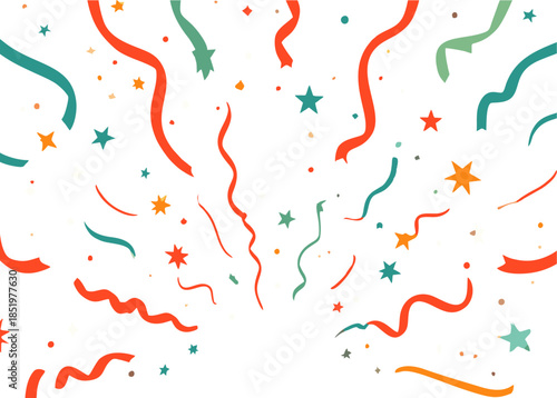 Confetti and streamers exploding outwards on a white background, celebrating festive occasions and joy
