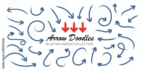 Hand drawn doodle arrows collection checkered paper sheet. Set of blue pen arrow. Artistic stroke arrows for design projects.