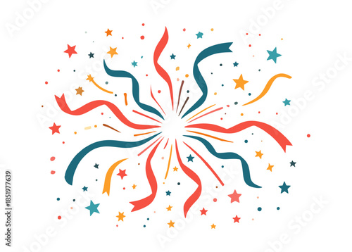 Vibrant explosion of colorful confetti, flowing streamers, and scattered stars, symbolizing joyful celebration, success, and festive party atmosphere for special events and happy moments