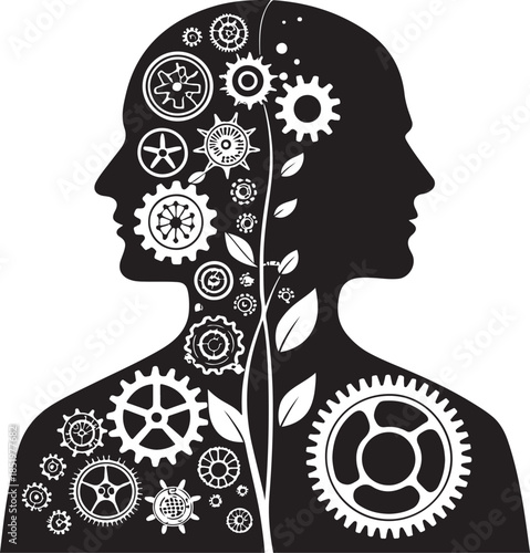 Silhouette of two human profiles with gears and plant elements Keywords: human profiles, silhouette, gears, cogwheels, plants, leaves, growth, nature, technology, mind, brain, connection, duality