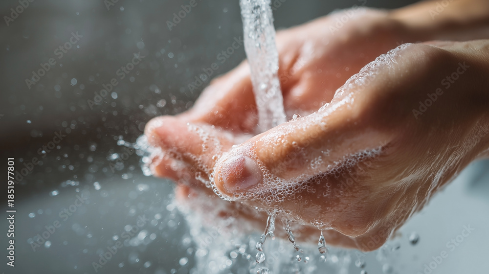 Fototapeta premium A person is washing their hands under a faucet