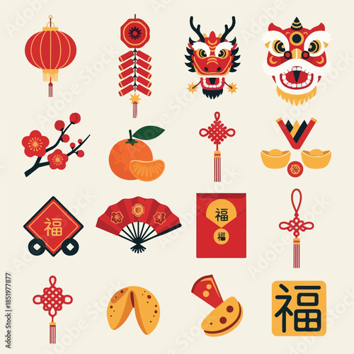 Flat lay of various Chinese New Year 2026 icons and symbols on a beige background, including lanterns, dragon masks, and prosperity tokens.