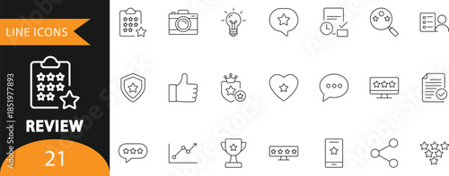 A professional collection of 21 minimalist line icons focused on customer feedback, star ratings, and service reviews. Perfect for use in business performance reports, mobile app UI design, and e-comm