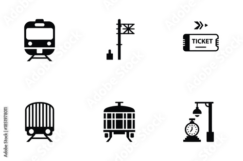 Public transportation and railway station black icon set
