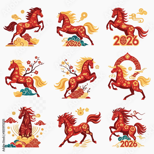 Flat lay of vibrant Chinese New Year 2026 icons featuring red horses with gold accents on a white background.