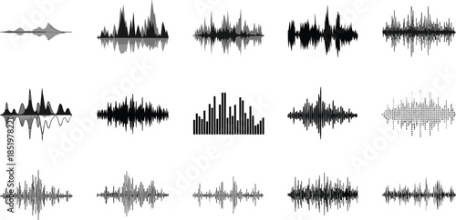 Set of black audio sound wave icons and digital equalizer signal visualizations isolated on white background flat vector illustration for music and podcasting concepts