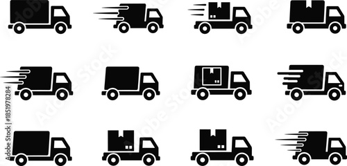 Set of black delivery truck silhouettes featuring various commercial vehicle icons with speed motion lines and cargo box symbols isolated on white background flat vector illustration