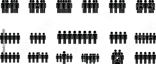 Set of black people silhouettes featuring various crowd formations group icons and team compositions isolated on white background flat vector illustration