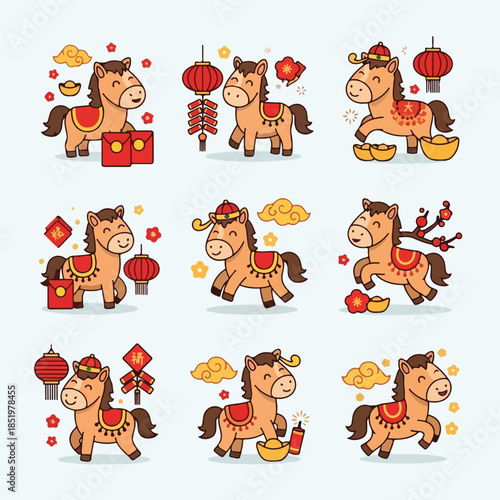 A set of nine colorful cartoon horse icons celebrating Chinese New Year 2026 with various festive elements and decorations on a light blue background.