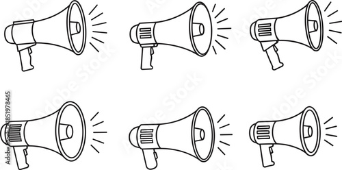 Set of thin line megaphone icons featuring various loudspeaker designs with sound wave symbols for marketing announcements advertising and news 