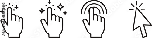 Set of thin line hand cursor icons featuring various touch screen gestures mouse pointers click symbols and tap feedback effects with stars and ripples isolated on white background vector illustration