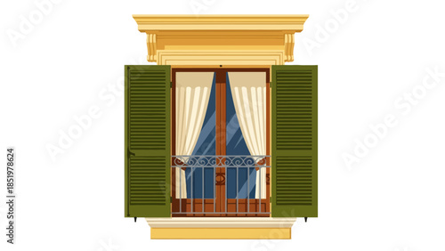 Charming Balcony Window with Green Shutters and Curtains, Architectural Detail