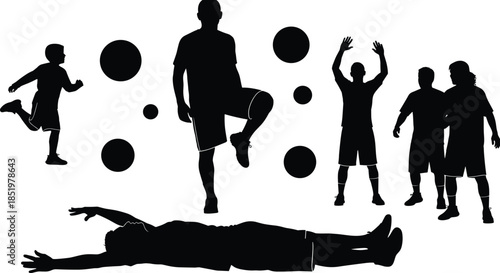 Black silhouette fitness exercise people training workout poses with balls isolated on white background vector illustration for gym sport design