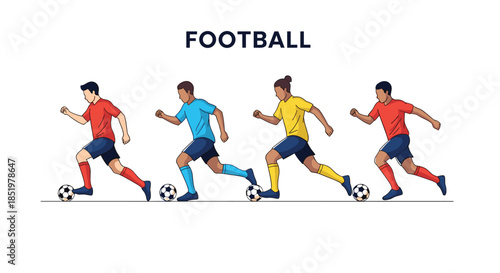 Team of four soccer players in different jerseys runs across the field with footballs during an active sports match or practice.