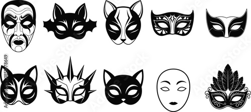 Black masquerade mask silhouettes collection, carnival, venetian, cat, bat, fantasy masks icons isolated on white background