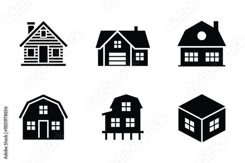 Modern and traditional residential house black icon set