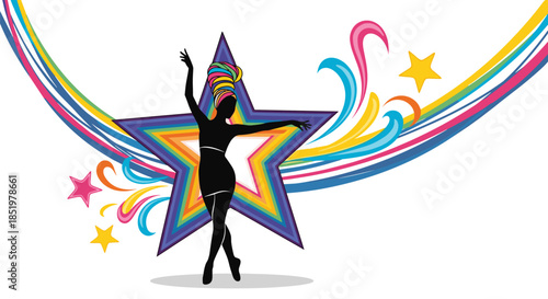 Elegant silhouette of a woman dancing gracefully in front of a giant multicolored star with flowing ribbons of bright colors.