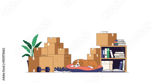 Cute brown and white dog rests on a red bed in a room filled with cardboard moving boxes and a bookshelf full of items.