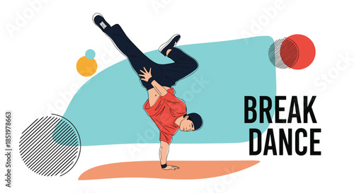 Talented breakdancer performs an impressive handstand move on one arm against a backdrop of colorful geometric shapes and circles.